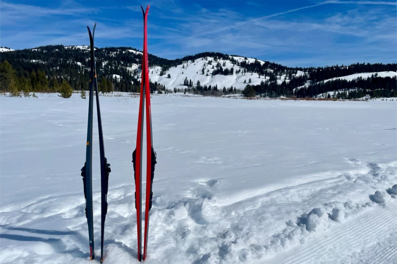 Two Fischer Aeroguide 85 skate skis stand upright in the snow against a mountain backdrop