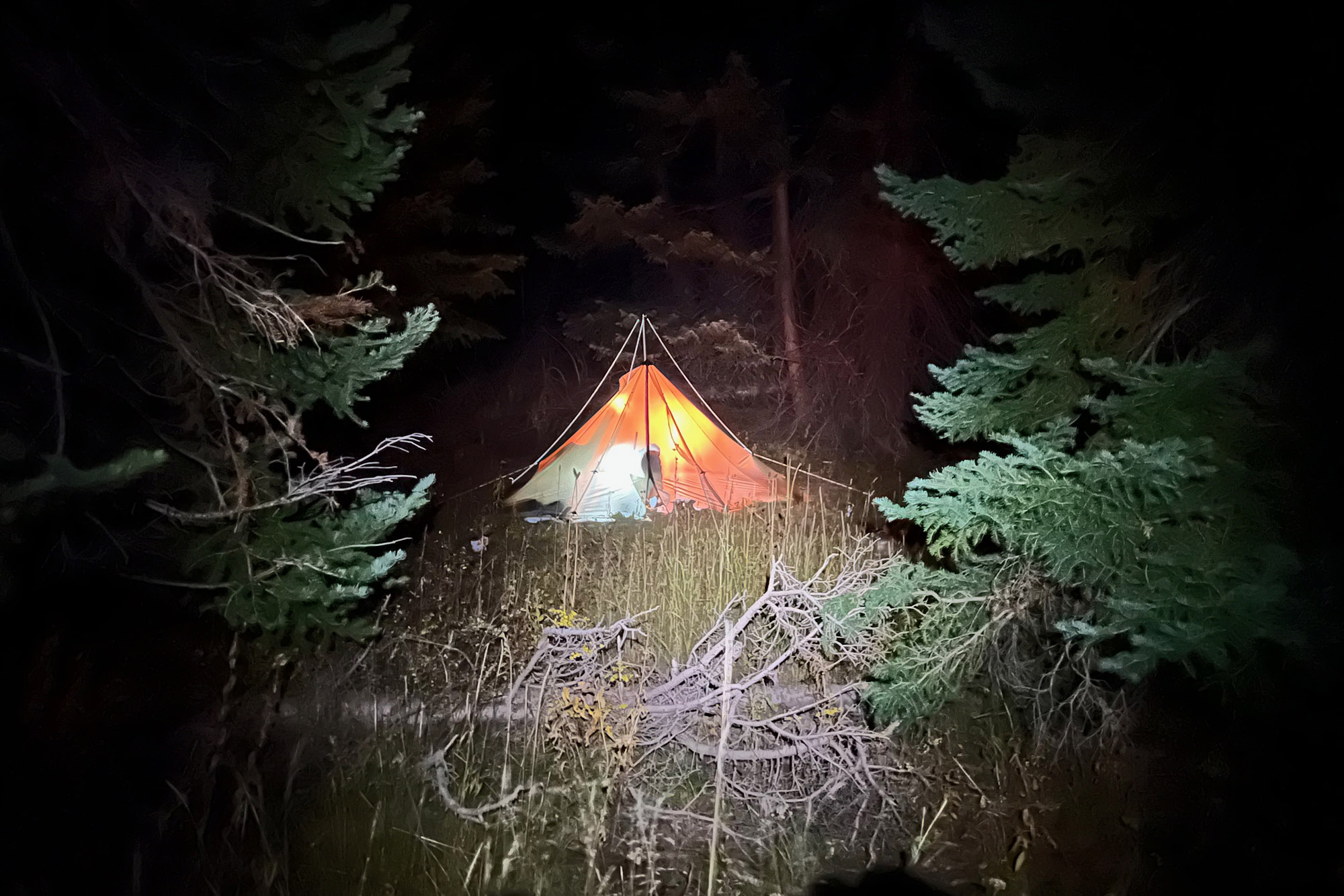 A tent glows in the darkness illuminated by a headlamp