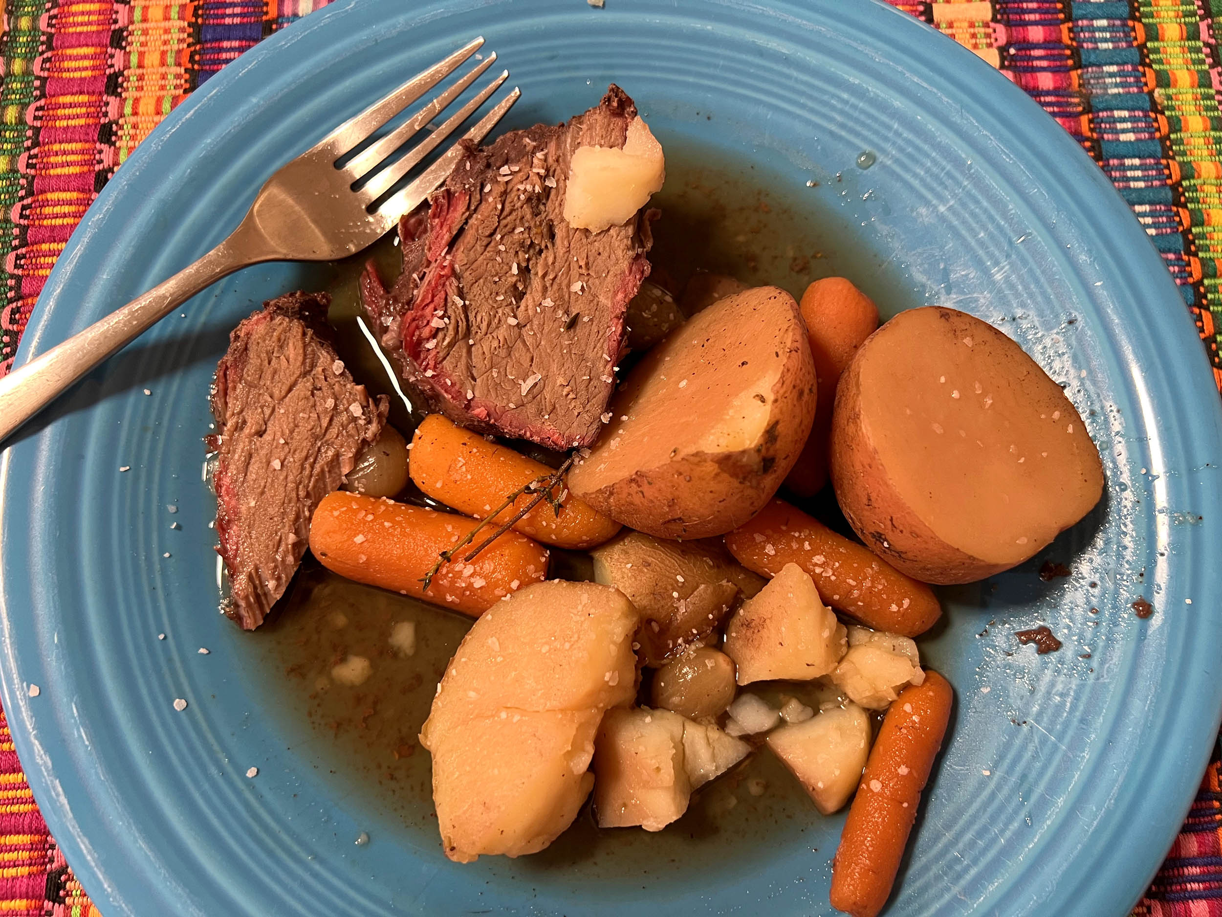 Smoked venison pot roast with potatoes and carrots