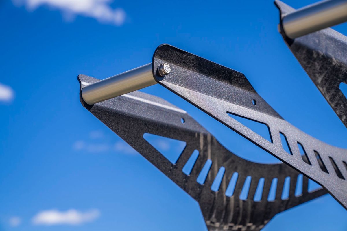 Close-up of the aluminum tire basket on the 1Up Recon rack