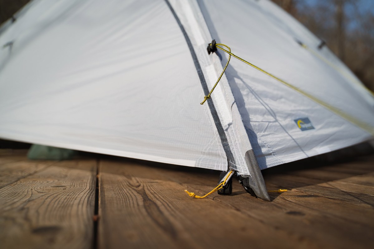 Tarptent shelter corner showing reinforced guy point and tension line