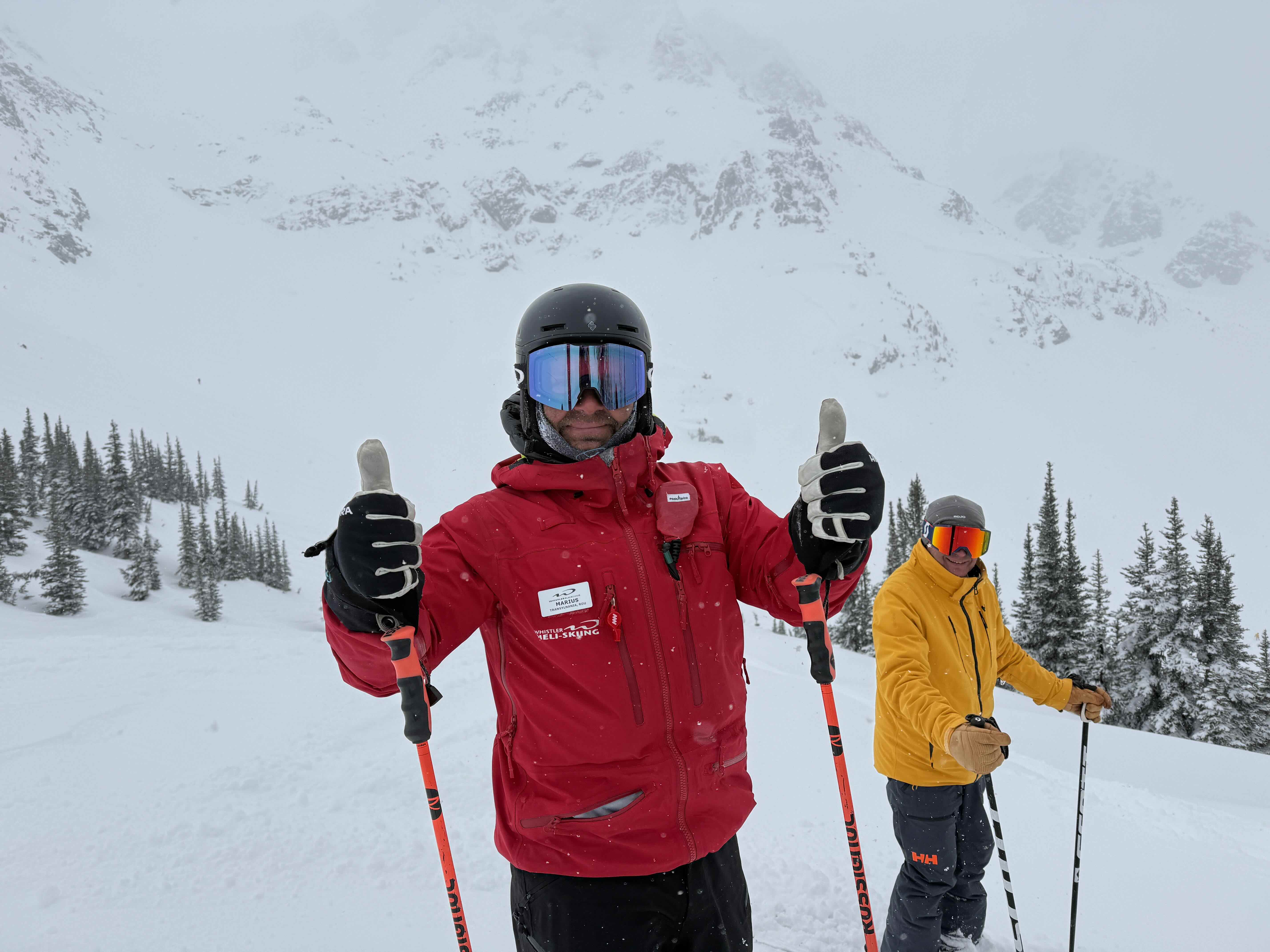 Whistler Heli Ski guide Marius Marginean sharing the stashes on a Dawn Patrol powder day; (photo/Morgan Tilton)