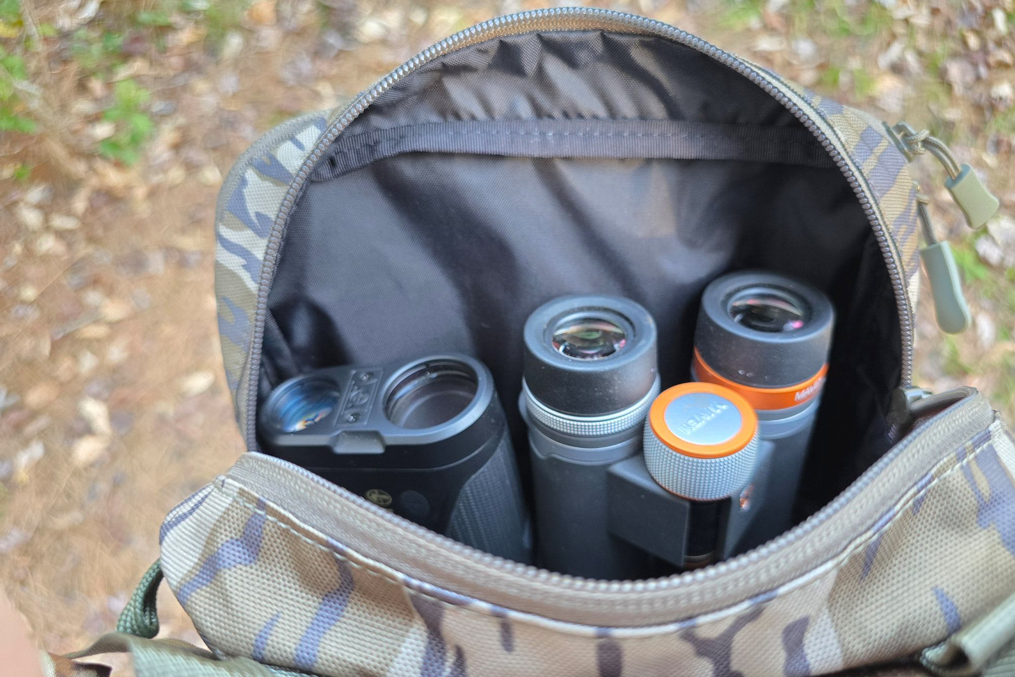 The Turkey Pro II pack holds optics and small gear in a padded main compartment