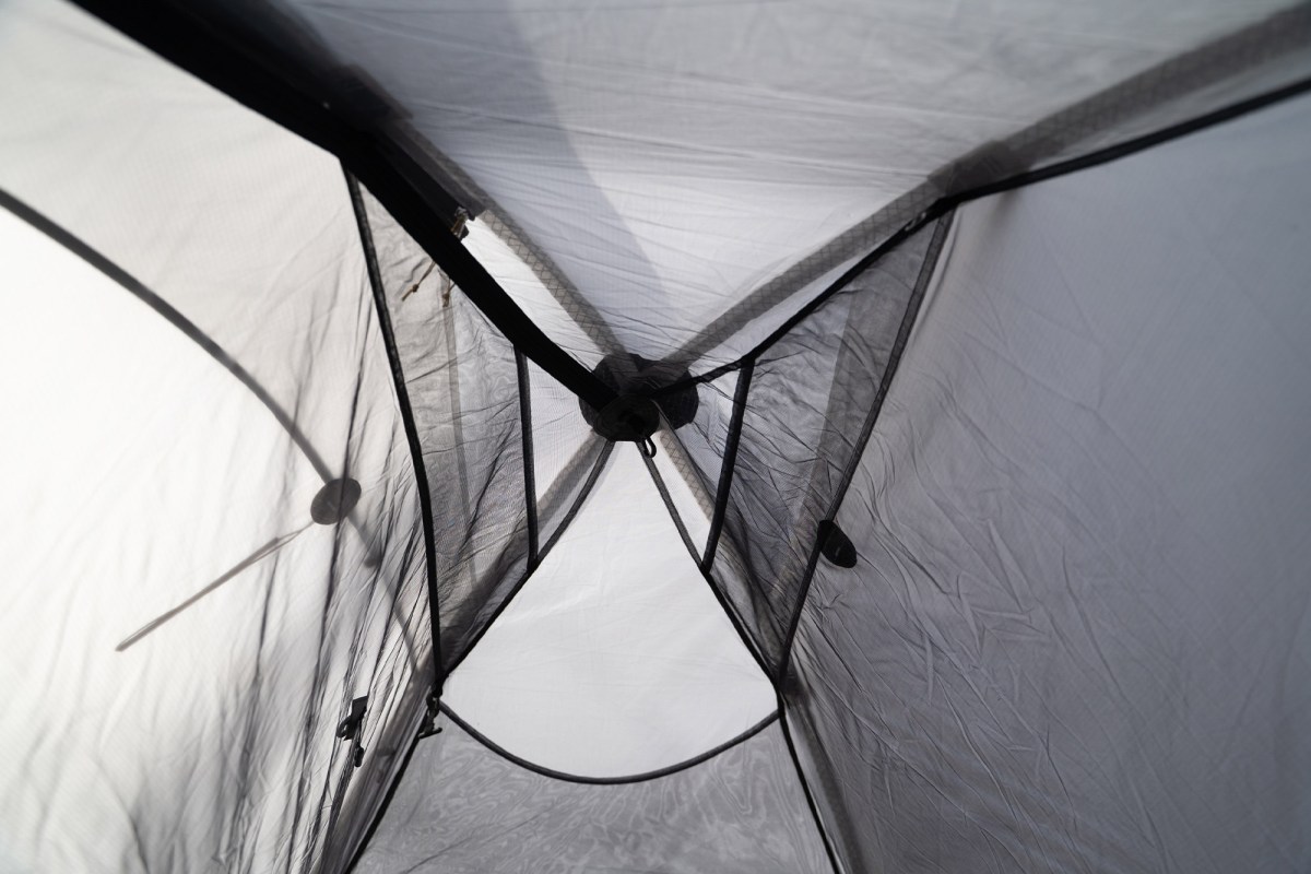 ArcDome 1 interior roof showing mesh storage pockets and pole structure