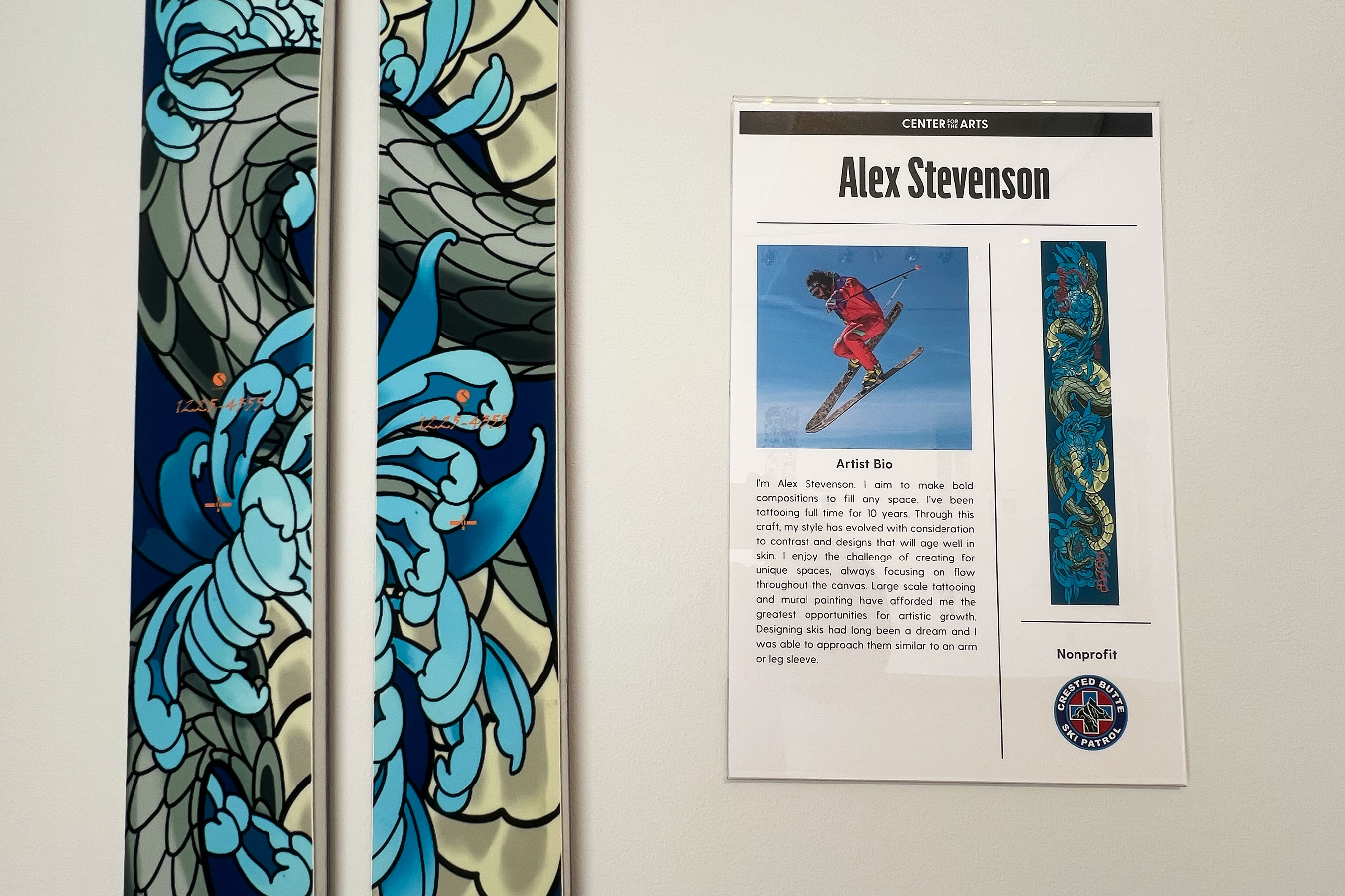 Alex Stevenson tattoo telemark ski topsheet artwork