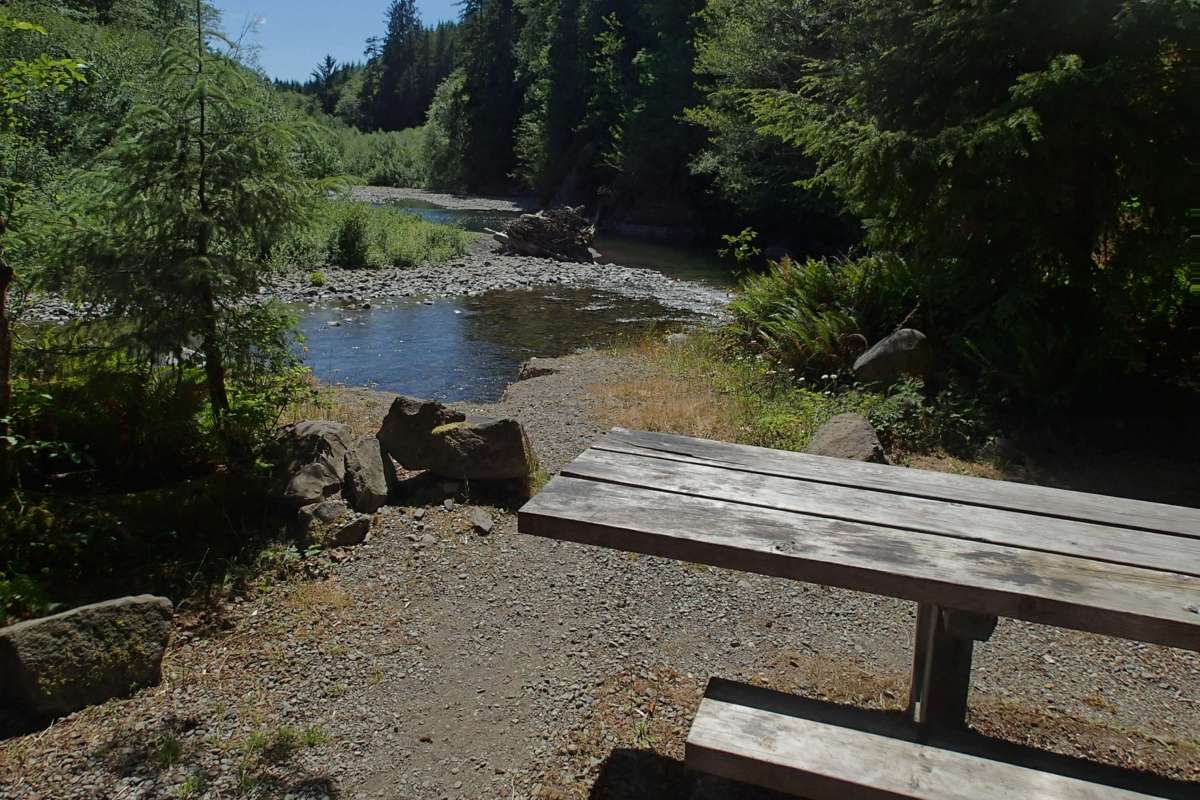 picnic table by creek