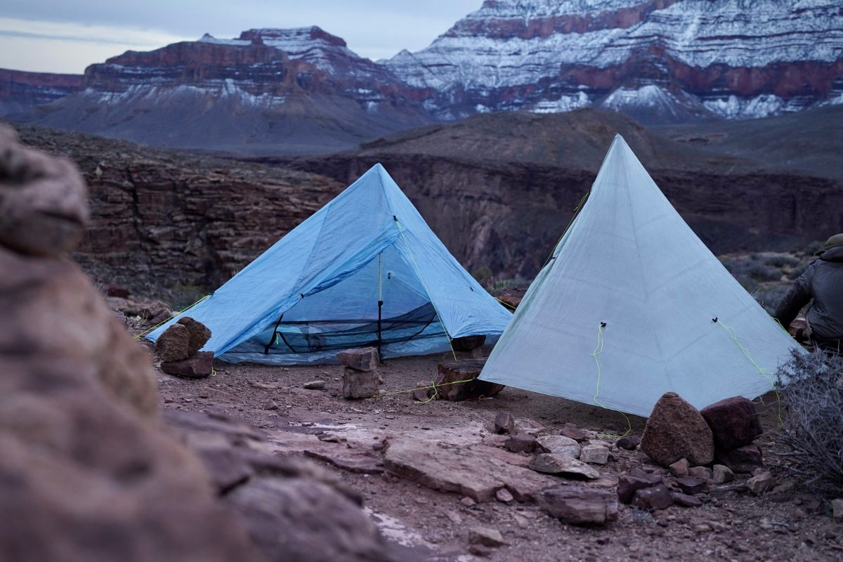 Two ultralight zpacks backpacking tents set up in the Grand Canyon