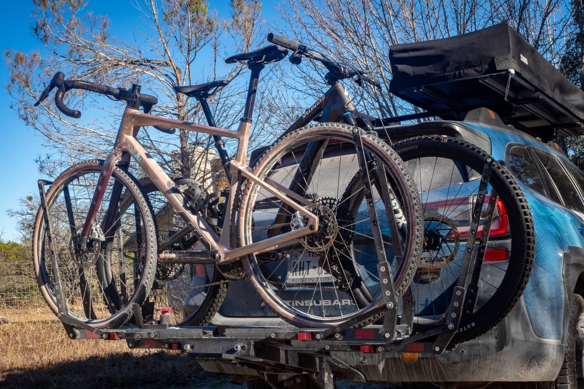The 1Up-USA Super Duty hitch bike rack loaded with two bikes during testing
