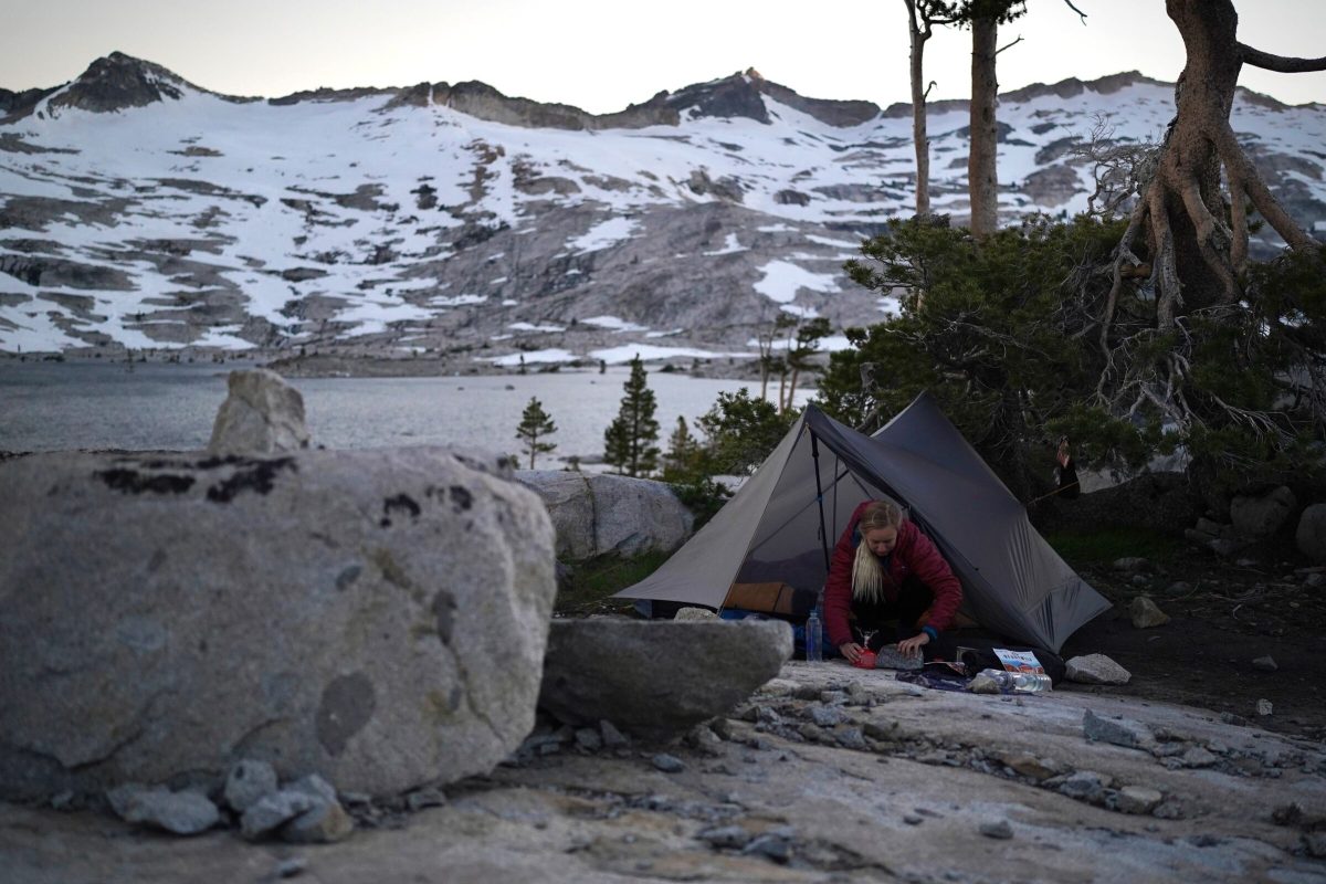 the gossamer gear the two shelter set up in the sierra range during gearjunkie testing