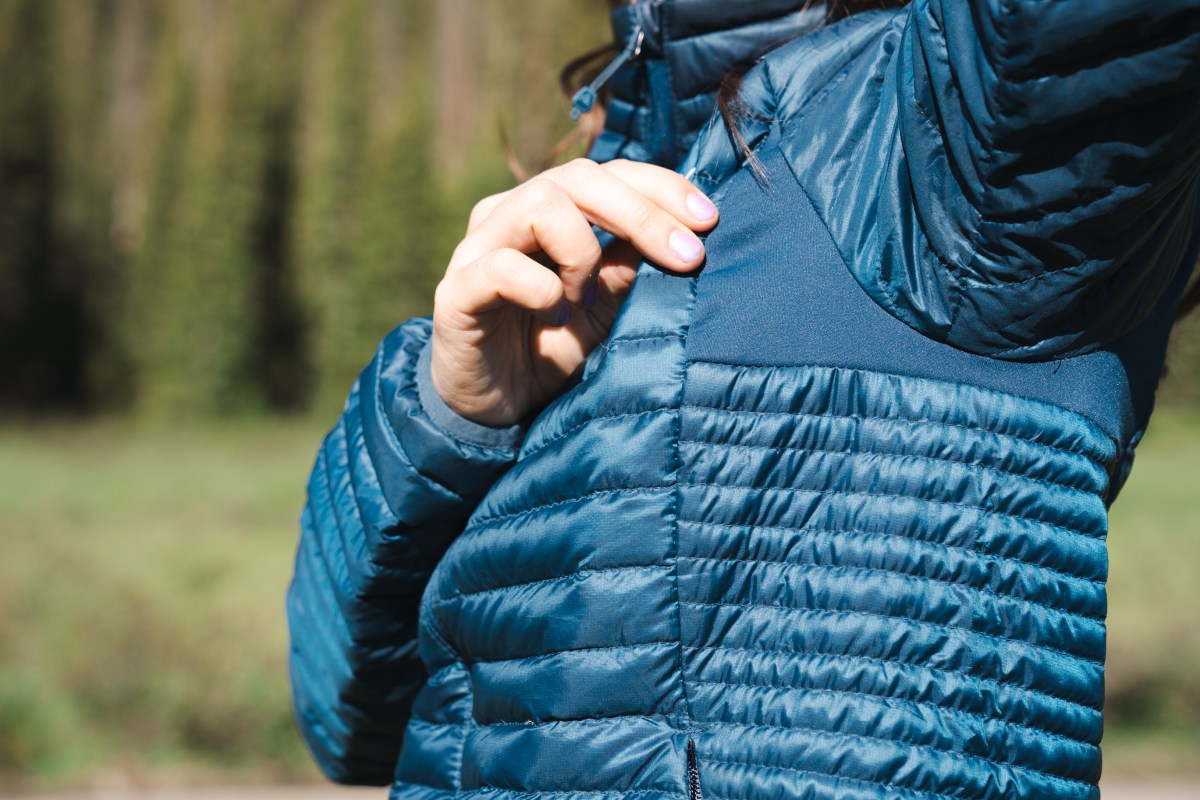 The Eddie Bauer MicroTherm 2.0 Down Jacket has stretch side panels that increase range of movement and breathability; (photo/Meghan LaHatte)