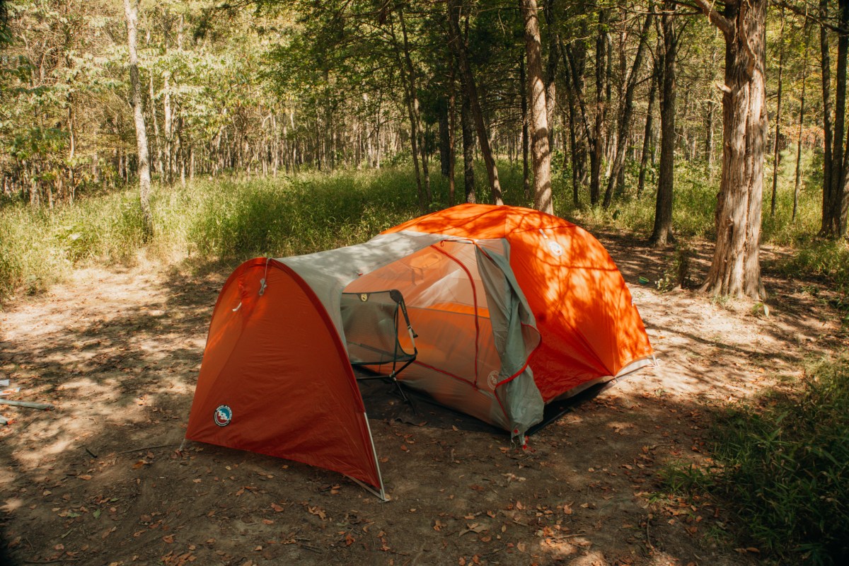 Copper Spur UL3 tent with rainfly fully set up at forest campsite