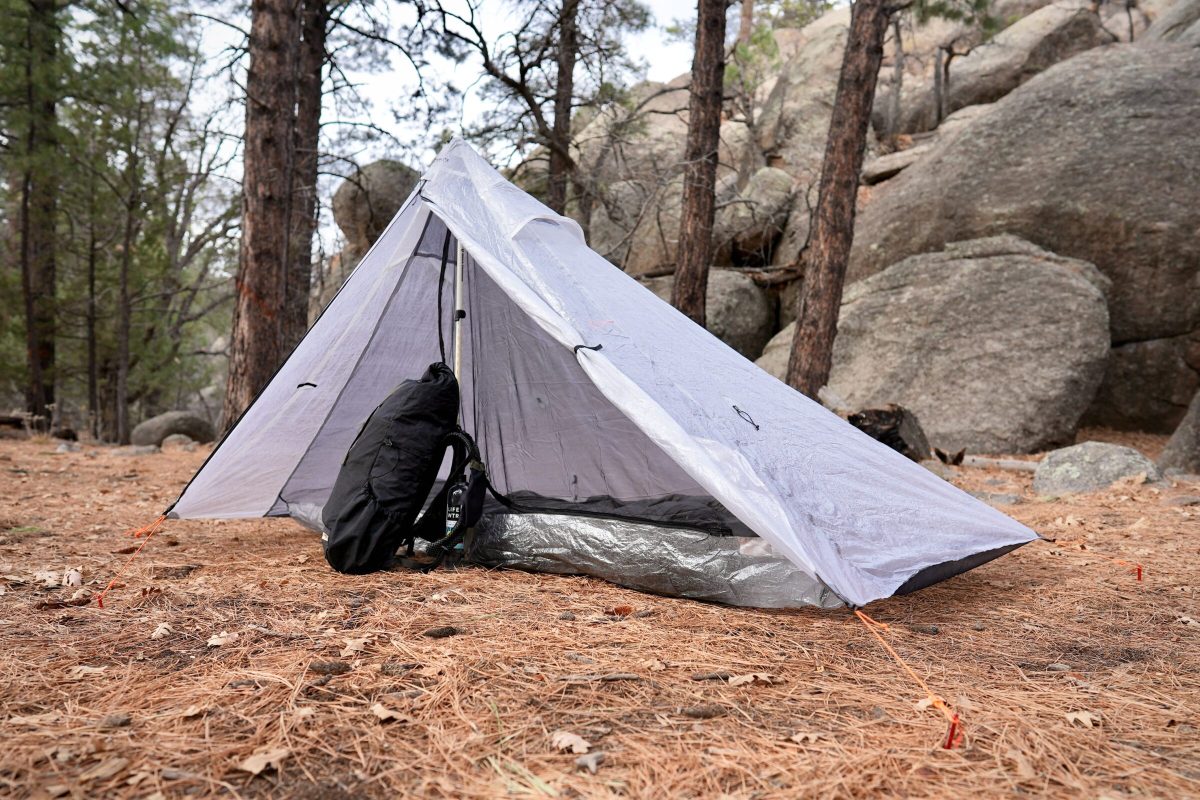 the hyperlite mountain gear mid 1 shelter being camped in during gearjunkie testing