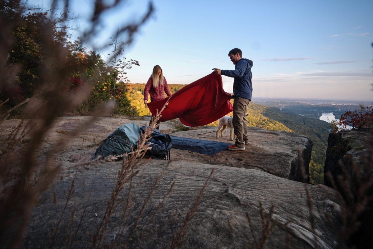 two gearjunkie testers setting up an msr tent in Tennessee 