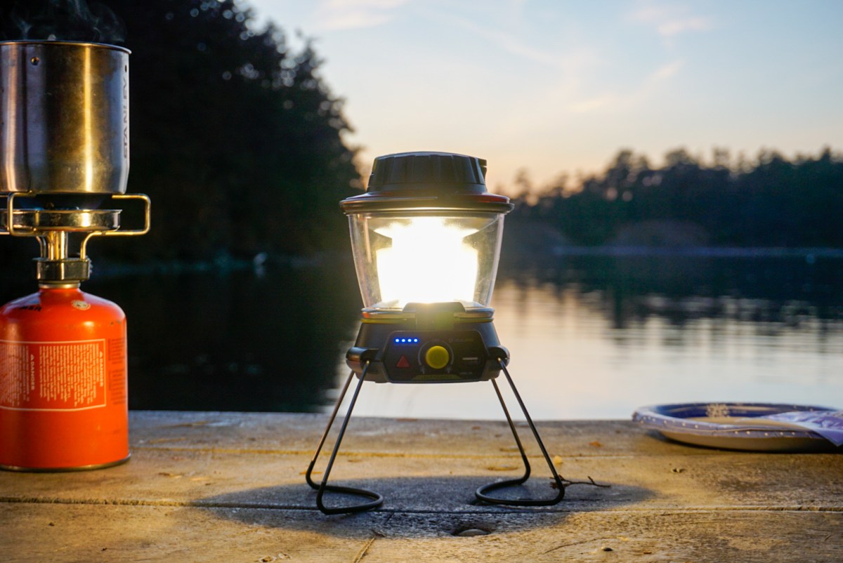 the GoalZero Lighthouse 600 Lantern set up on a picnic table in the san juan islands during testing