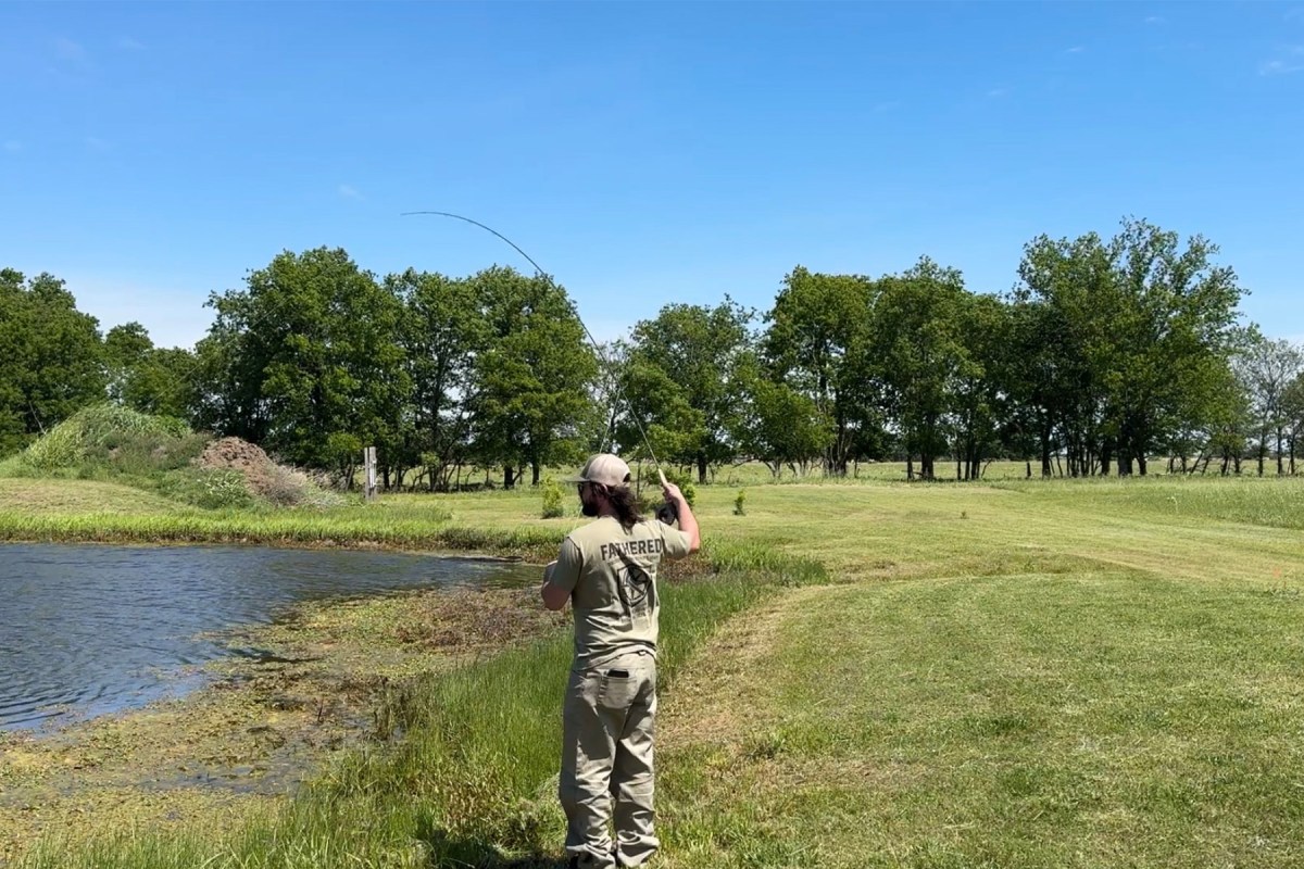 Angler casting the fly rod along the edge of a pond