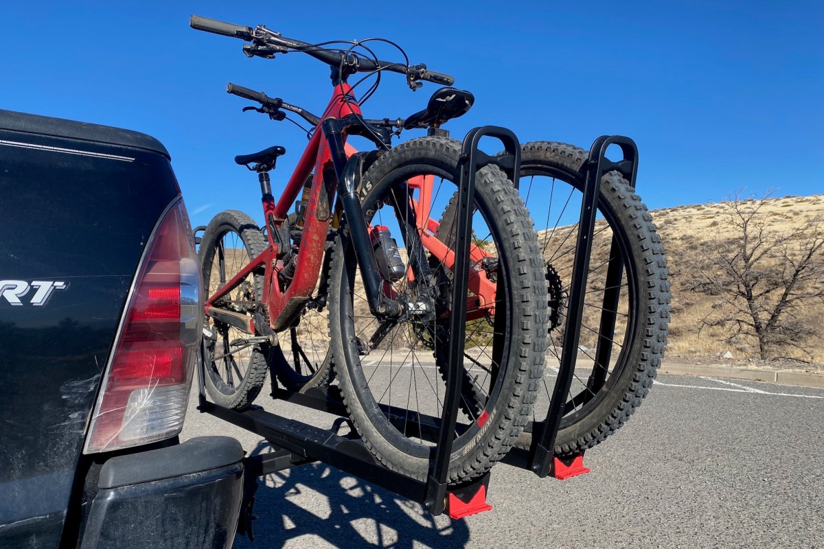Two bike mounted in the Hollywood Racks CrossTrack 2-bike rack