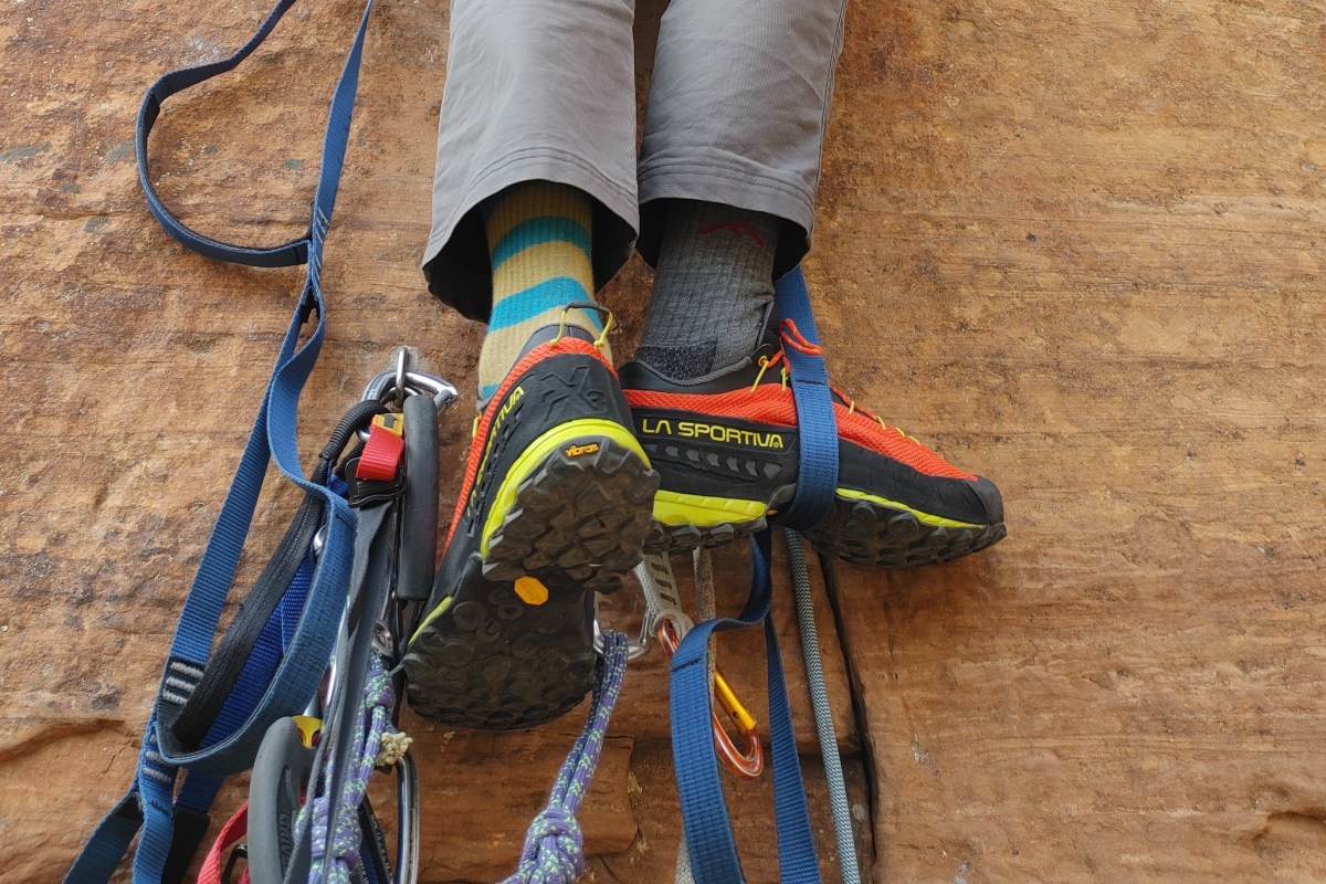 Aid climbing in approach shoes.