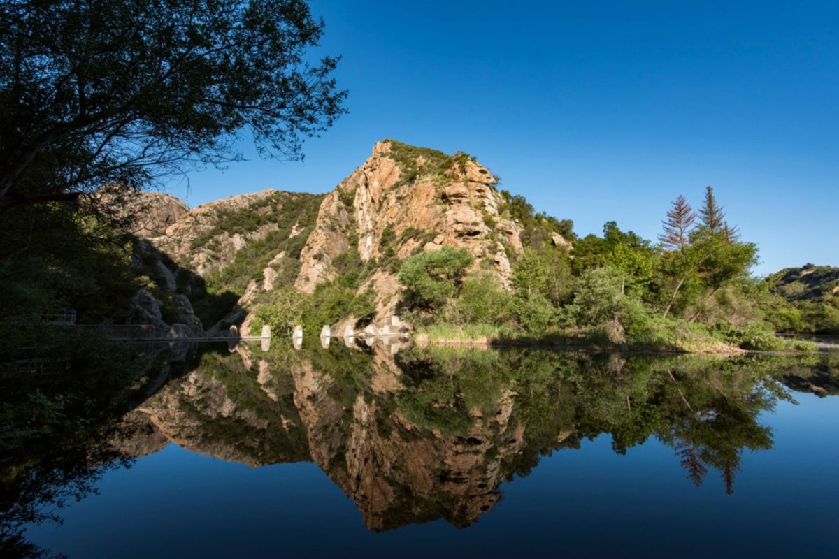 lake with rocks and forests behind 