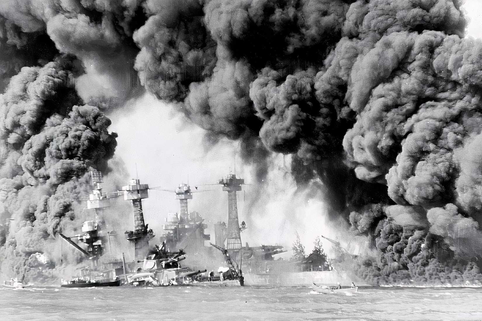 Smoke rises from burning U.S. Navy ships during the Japanese attack on Pearl Harbor on Dec. 7, 1941.
