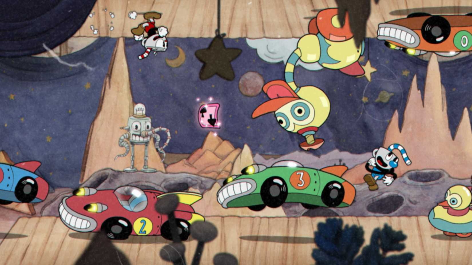 Fighting a boss in co-op in Cuphead