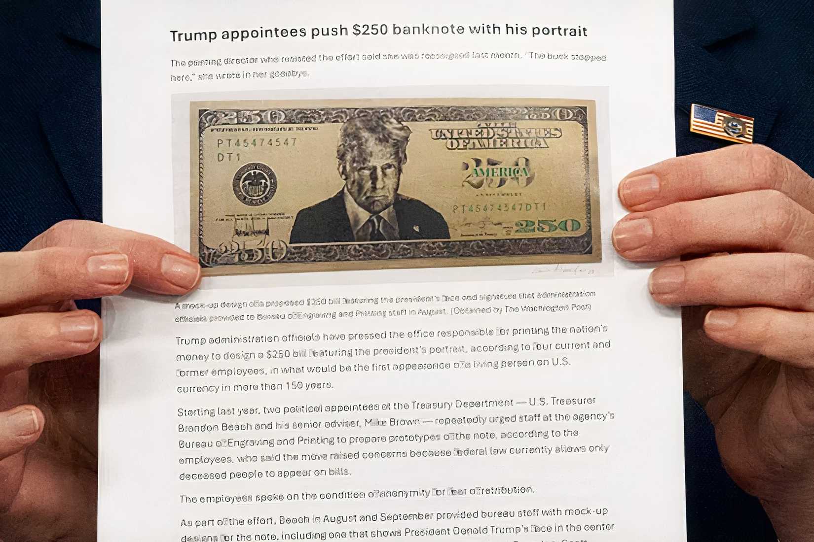 Treasury Secretary Scott Bessent holds a printout showing a proposed $250 bill featuring President Donald Trump during a White House press briefing.
