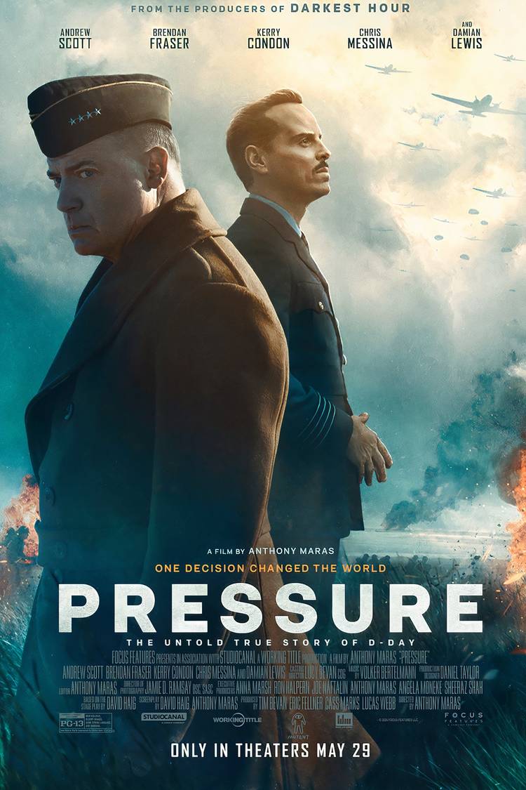 Official poster for Pressure starring Andrew Scott, Brendan Fraser, Kerry Condon, Chris Messina and Damian Lewis.