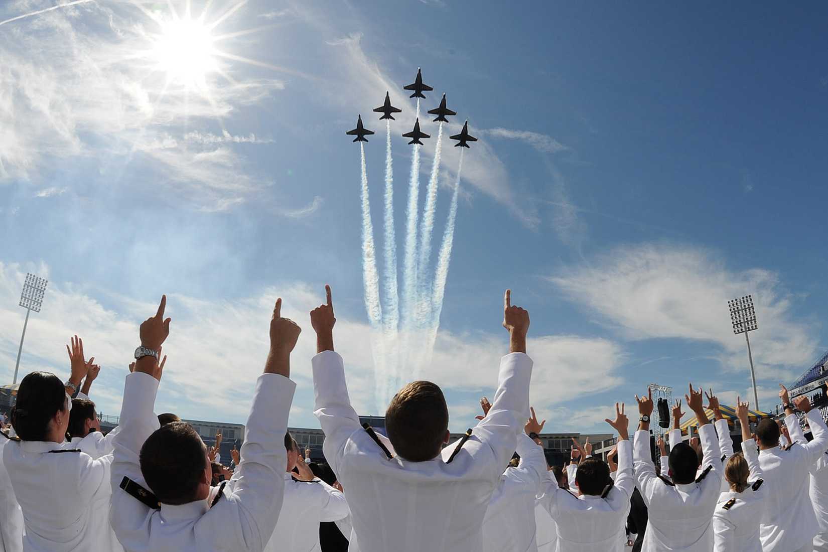 Blue Angels perform fly-over at Naval Academy graduation.