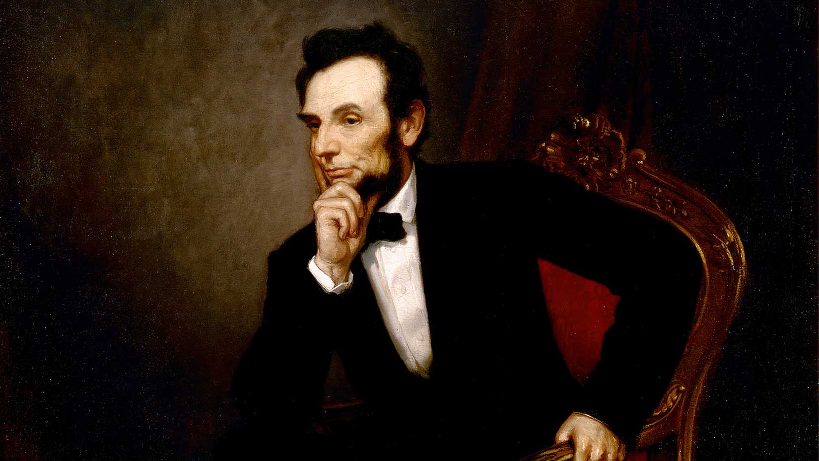 A painted portrait of Abraham Lincoln seated in a chair with his hand near his chin.