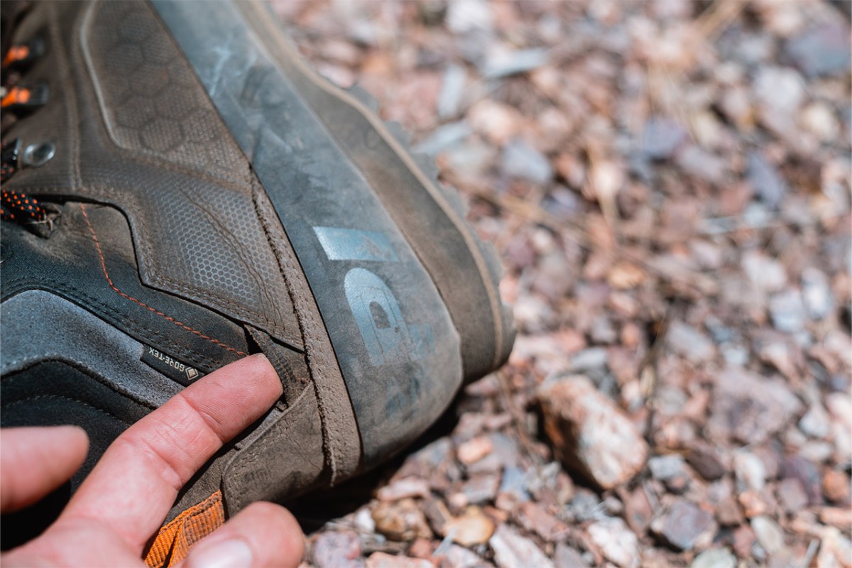 Close view of the GORE-TEX label and side panel on a Crispi Alpine hunting boot