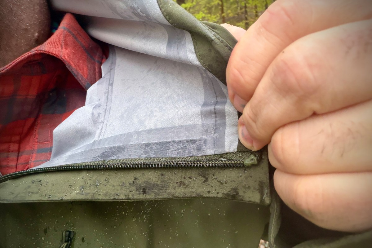 Marmot PreCip Evo Pro jacket showing the inner zipper and taped seam