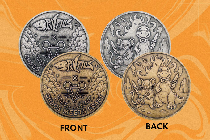 Front and back views of Pontius challenge coins on an orange background