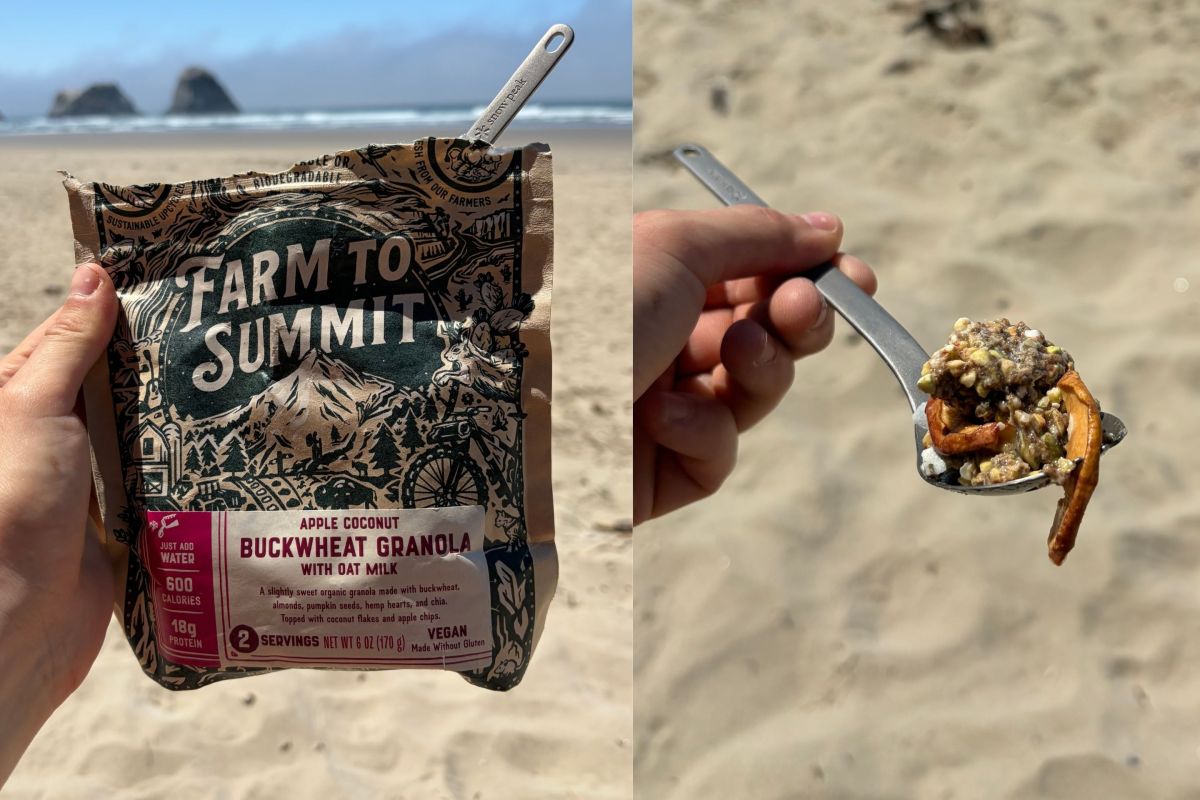 side by side of pouch of food and granola on spoon