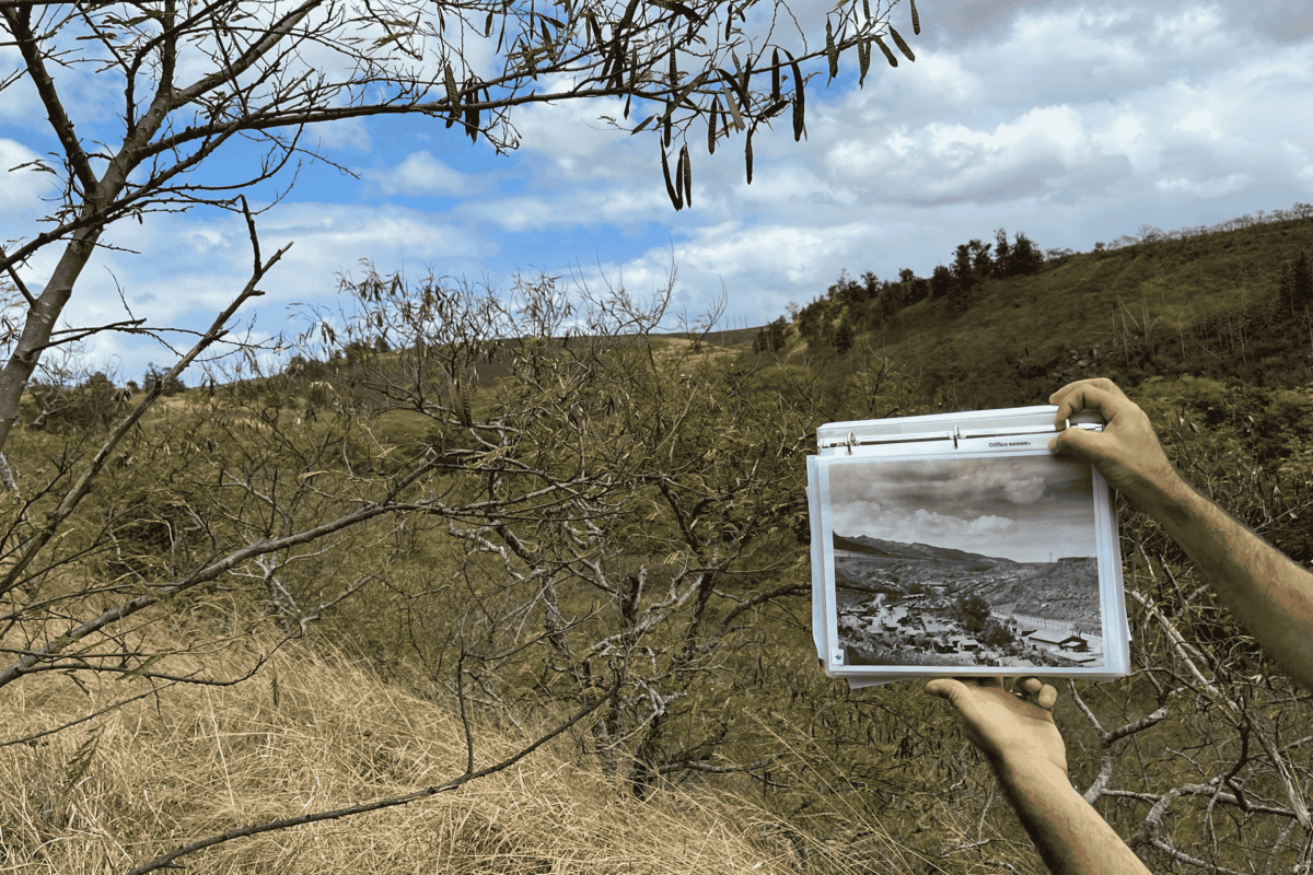 person holding up black and white photo to present day landscape