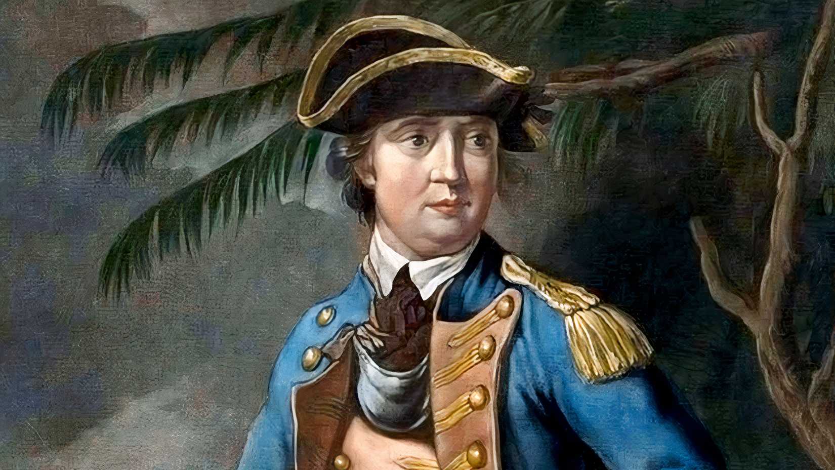 A painted portrait of Benedict Arnold in a blue Revolutionary War-era military uniform.