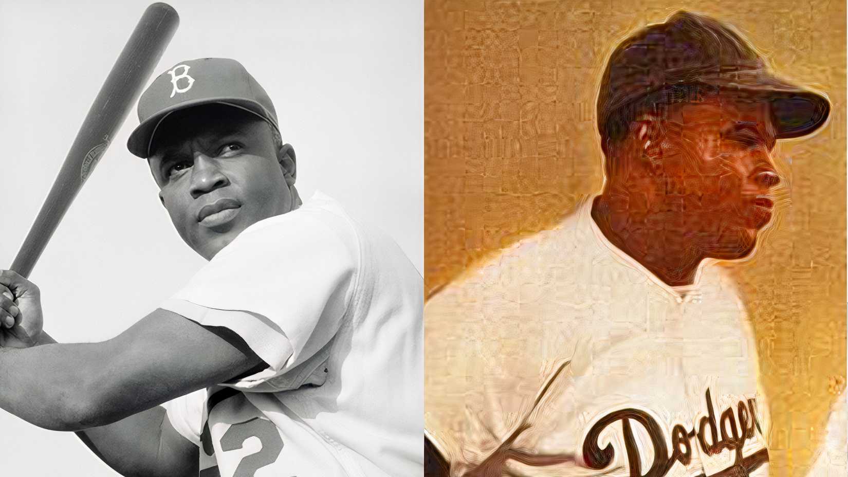 Jackie Robinson appears in a Brooklyn Dodgers uniform, holding a baseball bat in one image and shown in profile in another.
