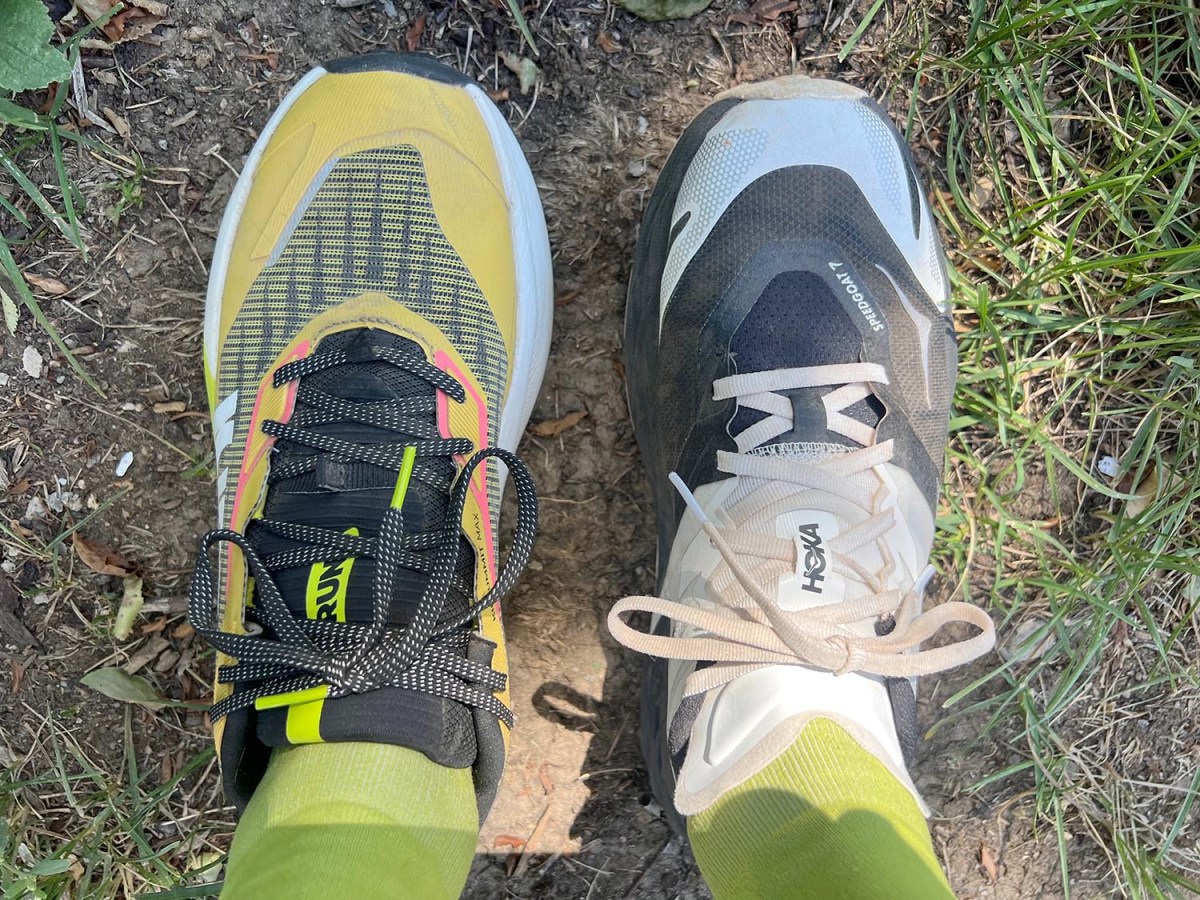 The Kiprun Kipsummit Max, left, and Hoka Speedgoat 7; (photo/Sean McCoy)