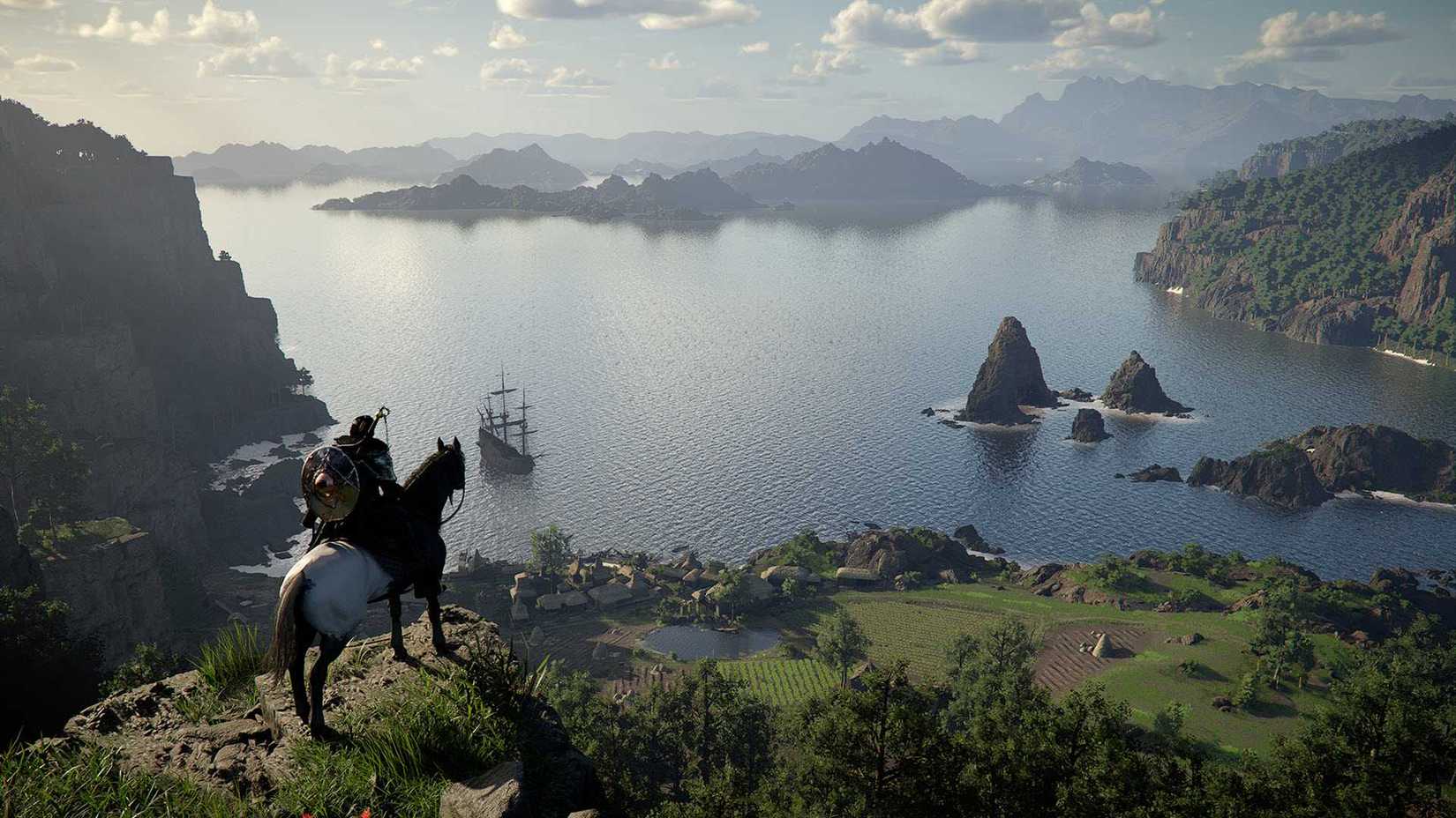 crimson desert kliff overlooking a ship