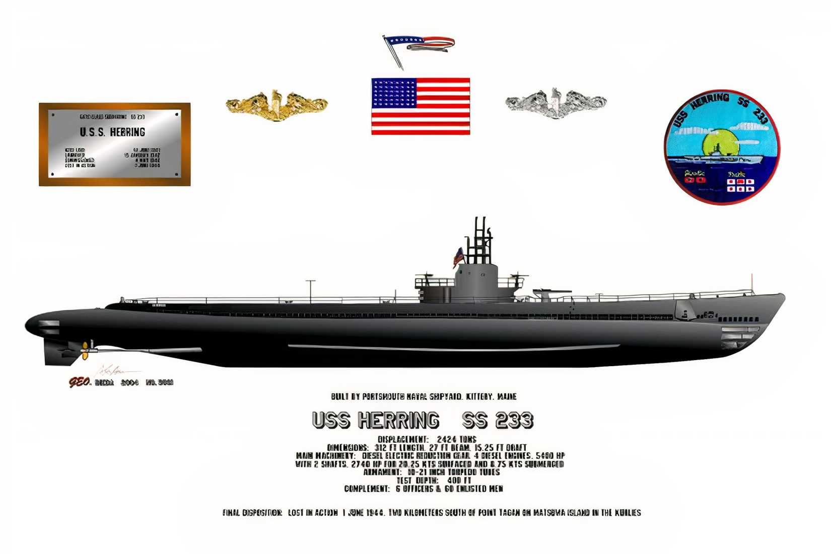 A profile drawing of USS Herring SS-233 shows the World War II submarine, its insignia and details about its service and final loss.
