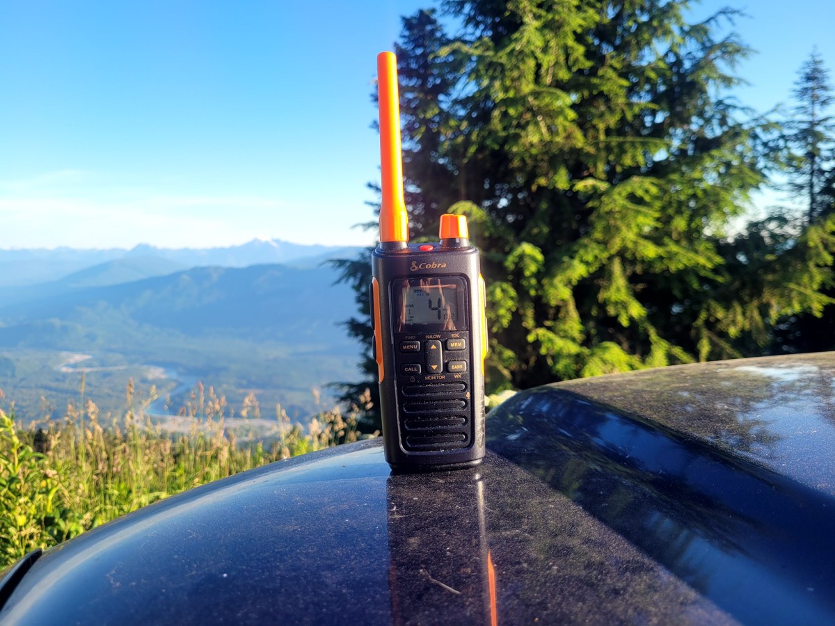 the cobra trrailblazer 450 radio on the hood of a truck overlooking the skagit river in washington state
