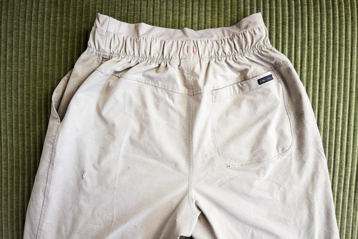 Close-up of Sequence Pants waistband and back pocket detail