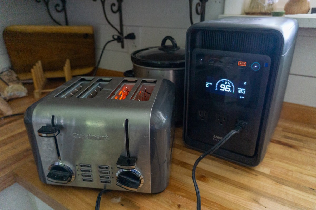 the solix s2000 power station on a kitchen counter running a toaster