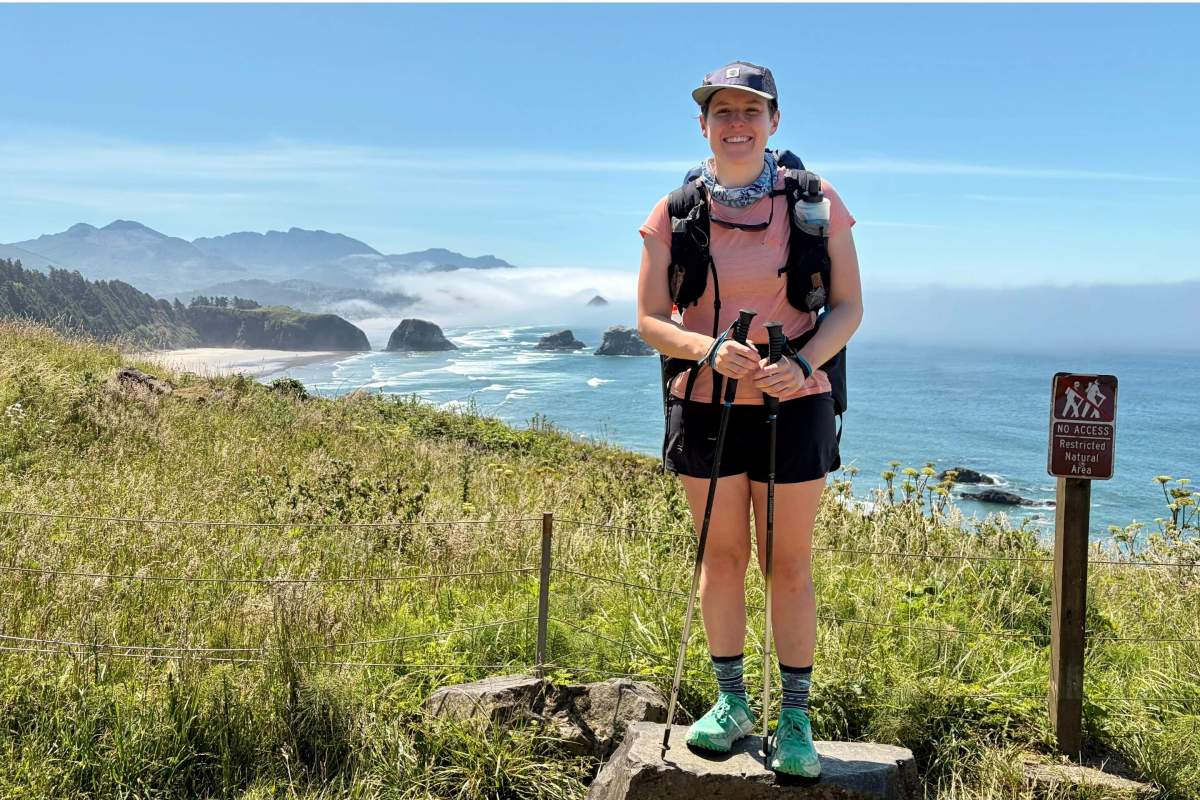 author wearing the six moon designs swift x pack while hiking in oregon