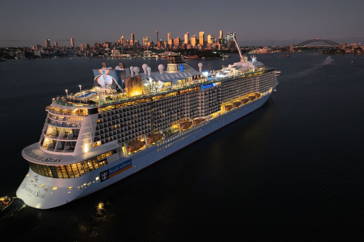 cruise ship on water lit up