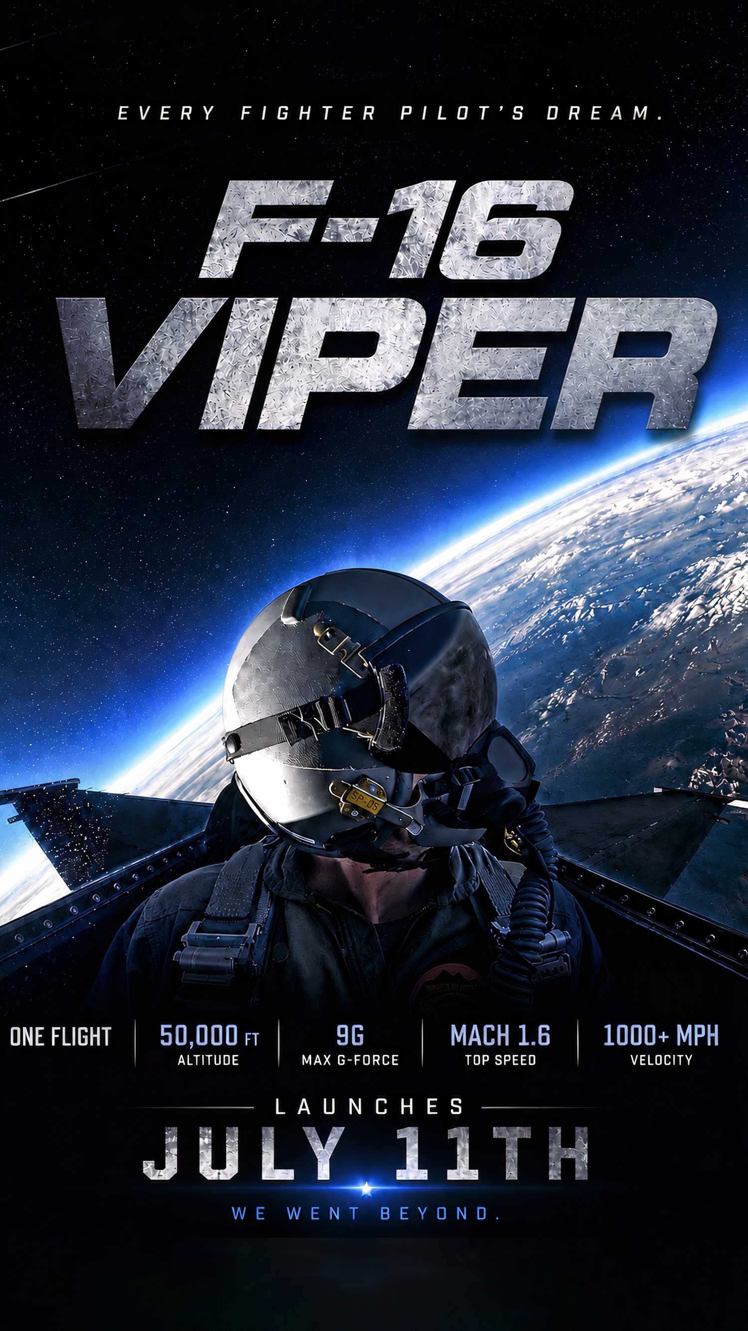 Poster for Louis Skupien’s “F-16 Viper” documentary shows a pilot in an F-16 cockpit above Earth with text promoting the July 11 launch.