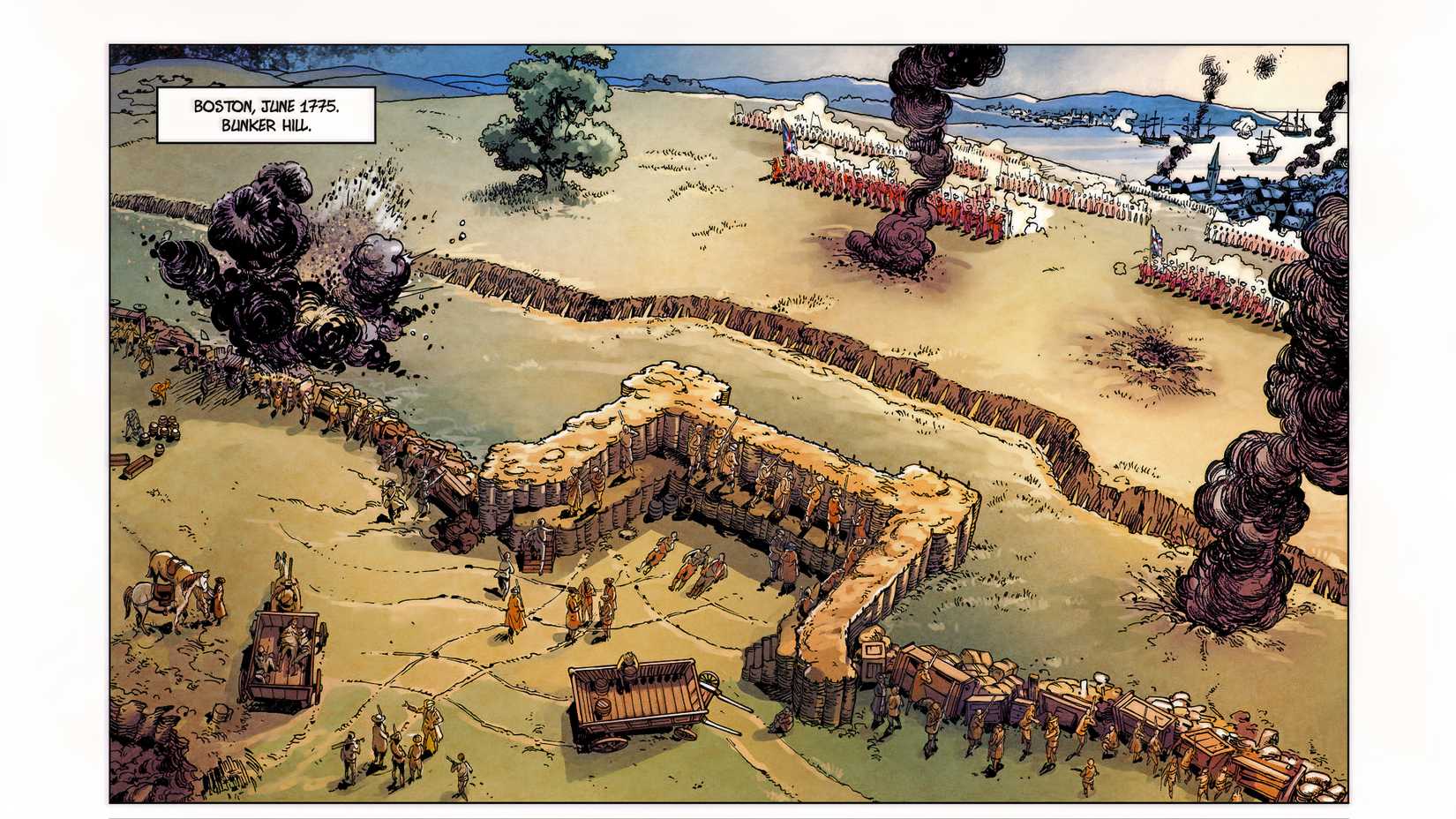 A page from Liberty depicts British troops advancing on American rebel positions at Bunker Hill in June 1775.