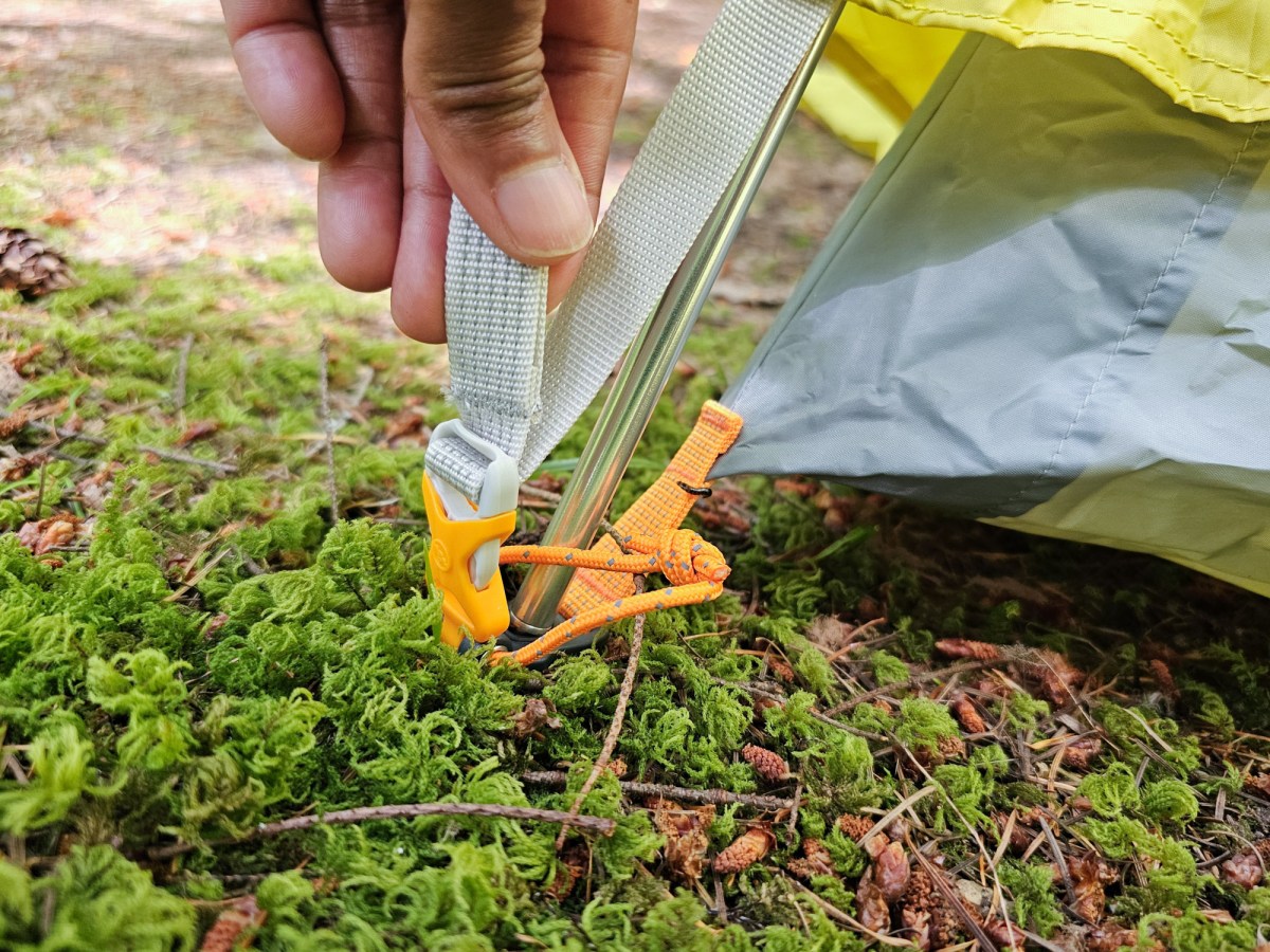detail image of the rainfly-to-tent connection with an orange buckle atop green moss
