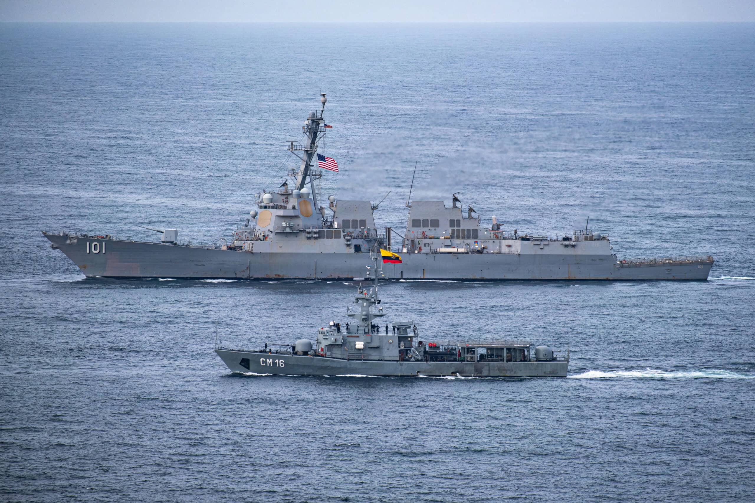 Ecuadorian navy Esmeralda-class missile corvettes BAE Manabi (CM 12) and BAE Loja (CM 16) conduct formation maneuvering alongside Nimitz-class aircraft carrier USS Nimitz (CVN 68) and Arleigh Burke-class guided-missile destroyer USS Gridley (DDG 101), part of Nimitz Carrier Strike Group (NIMCSG), in the Pacific Ocean, April 8, 2026. Nimitz is deployed as part of Southern Seas 2026, which seeks to enhance capability, improve interoperability, and strengthen maritime partnerships with countries throughout the region through joint, multinational and interagency exchanges and cooperation. (U.S. Navy photo by Mass Communication Specialist 3rd Class Gina Gallia)