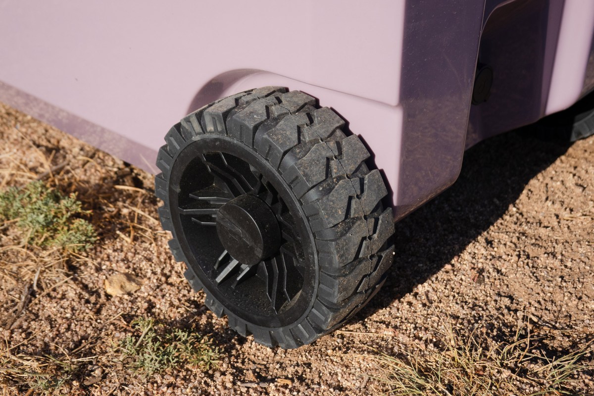 Close-up of the rugged wheel on the BrüMate rolling cooler