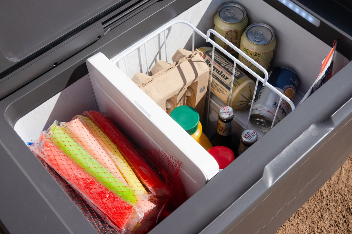 EcoFlow portable fridge packed with drinks, eggs, and frozen treats