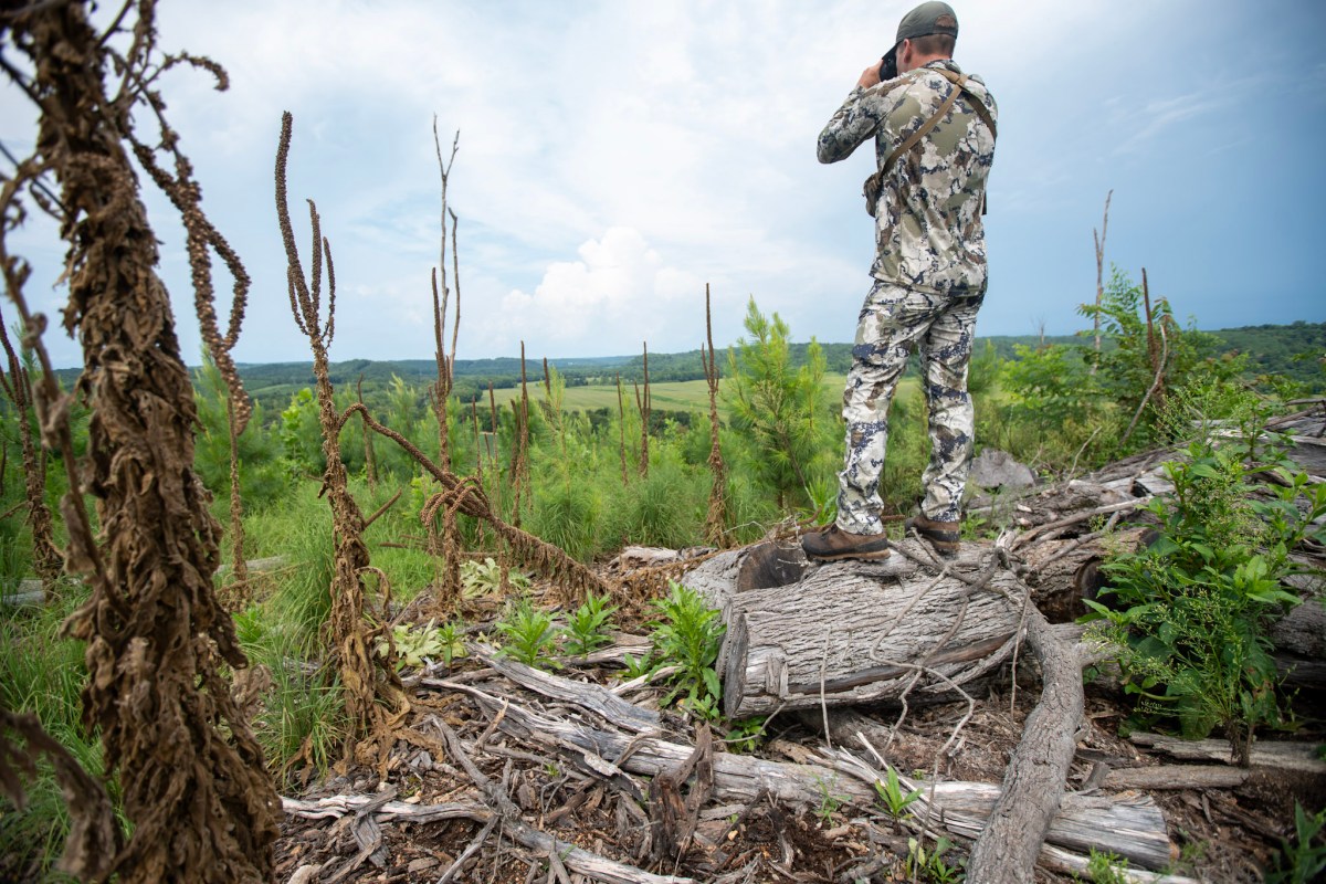 A hunter scanning a horizon with his binoculars.
